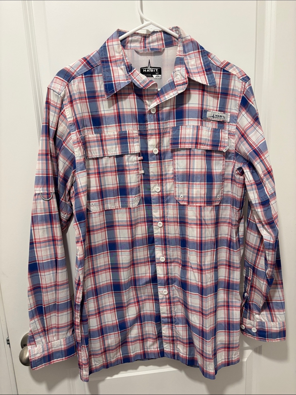 Habit Men's Blue and White Plaid Button-Down Shirt with Red Accents